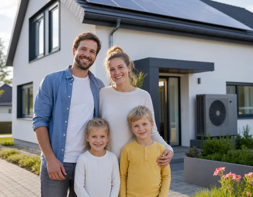 Junge Familie mit zwei Kindern vor ihrem neuen Effizienz-Fertighaus mit Photovoltaik auf dem Dach und Wärmepumpe am Eingang