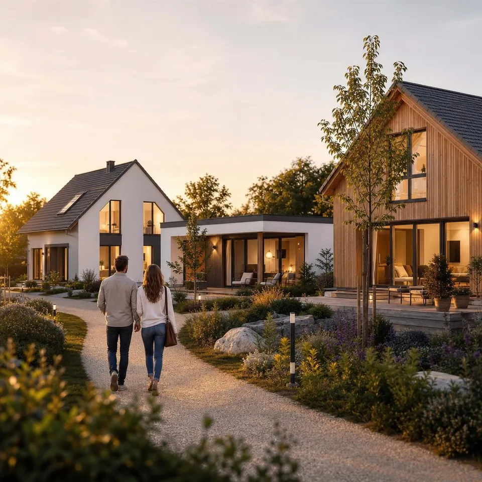 Musterhaus-Ausstellung mit modernen Fertighäusern verschiedener Hersteller – Einfamilienhaus, Bungalow und Holzhaus im Abendlicht