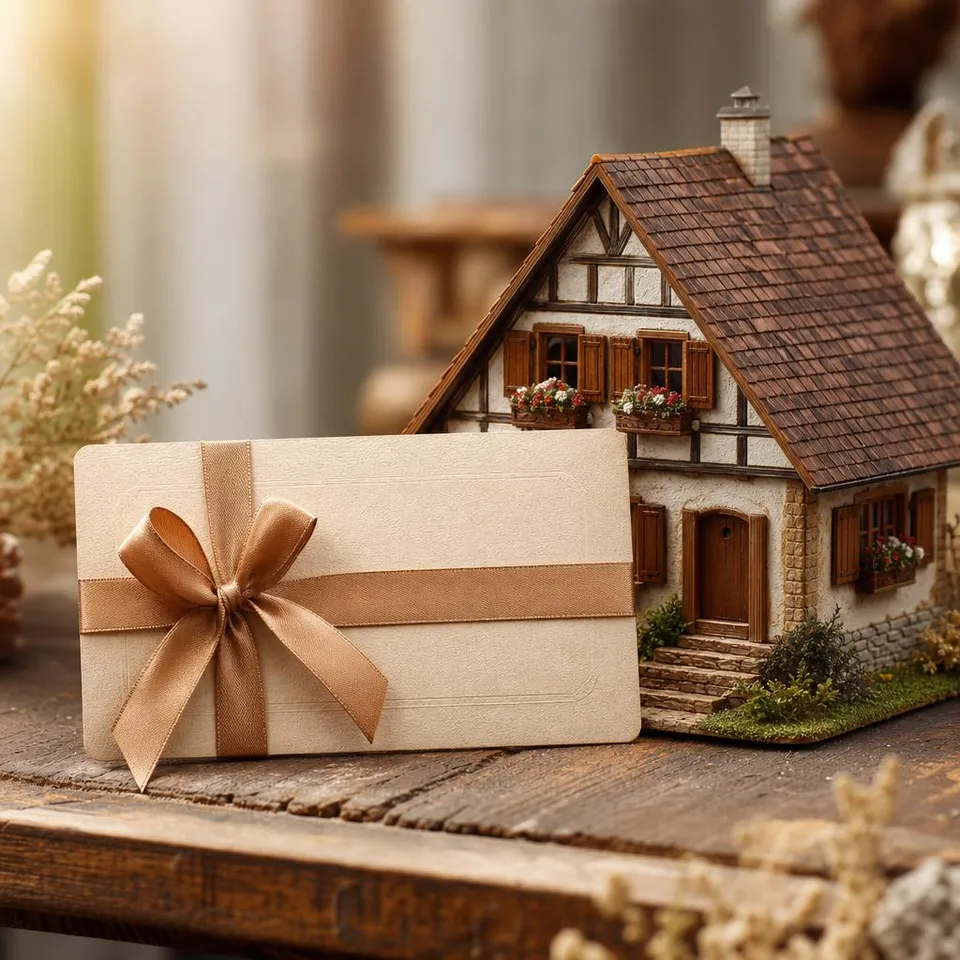 Gutschein mit Schleife neben Modellhaus im Landhausstil mit Fensterläden und Blumenkästen – Stil-Gutschein für ein Fertighaus im Landhausstil
