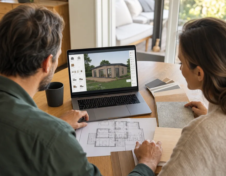 Paar plant sein Fertighaus am Esstisch: 3D-Konfigurator am Laptop, ausgedruckte Grundrisse und Holz-Materialproben