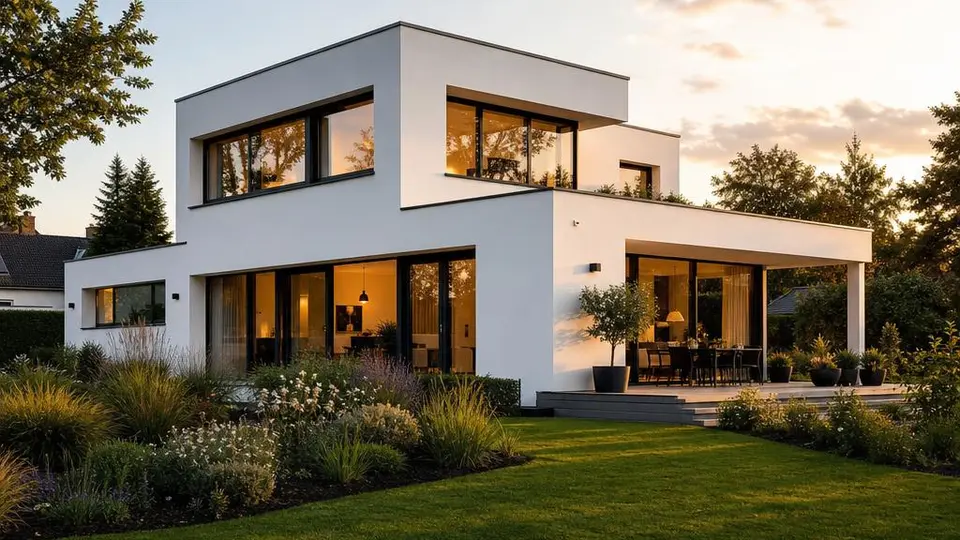 Kubisches Haus im Bauhausstil mit Flachdach, weißem Putz und raumhohen Glasflächen – Bauhausstil-Preise 2026 ab 340.000 Euro
