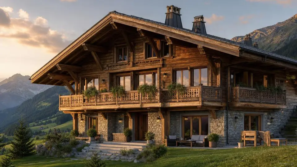 Haus im Chalet-Stil mit flachem Satteldach, weitem Dachüberstand und Holzfassade vor Bergkulisse – Chalet-Stil-Preise 2026 ab 340.000 Euro Haus im Chalet-Stil mit flachem Satteldach, weitem Dachüberstand und Holzfassade vor Bergkulisse – Chalet-Stil-Preise 2026 ab 340.000 Euro