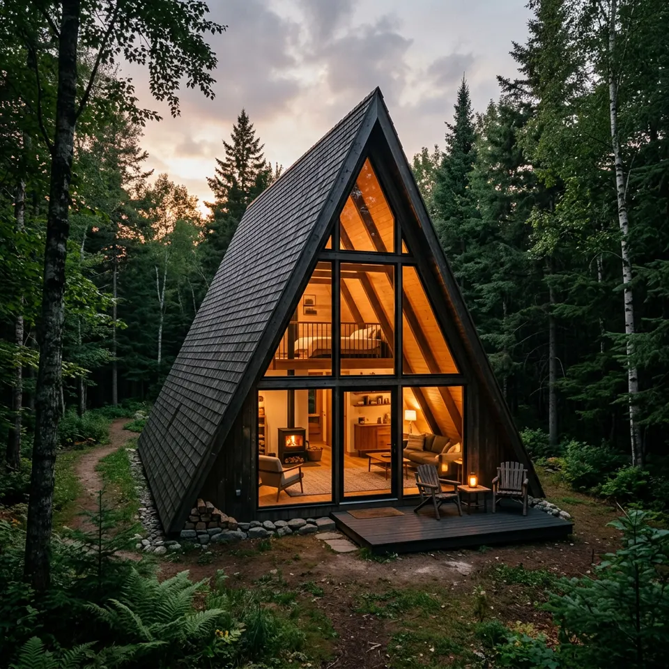 A-Frame-Haus (Nurdachhaus) mit steilem dreieckigem Satteldach und großer Giebelverglasung – A-Frame-Haus-Preise 2026