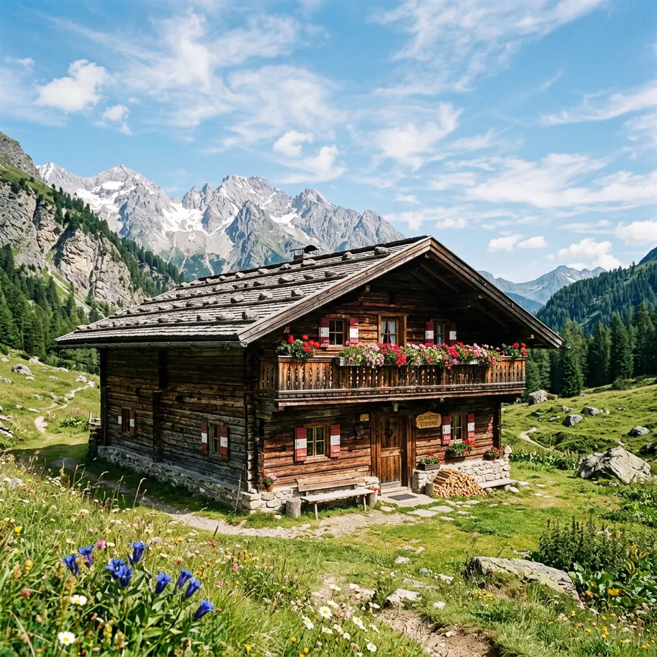 Rustikale Almhütte aus Massivholz mit Holzbalkon vor Bergkulisse – Almhütte-Preise 2026 Rustikale Almhütte aus Massivholz mit Holzbalkon vor Bergkulisse – Almhütte-Preise 2026