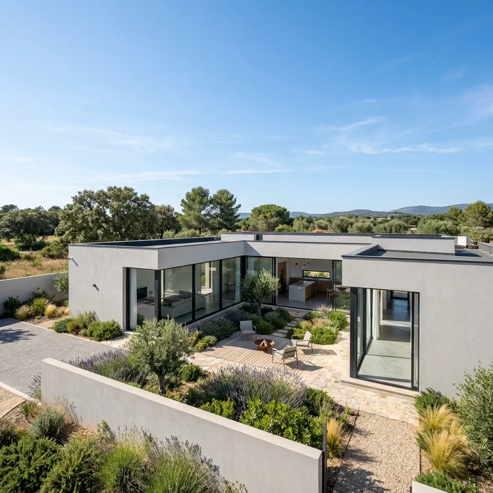 Atriumhaus mit begrüntem Innenhof und umlaufender Verglasung – Atriumhaus-Preise 2026 Atriumhaus mit begrüntem Innenhof und umlaufender Verglasung – Atriumhaus-Preise 2026