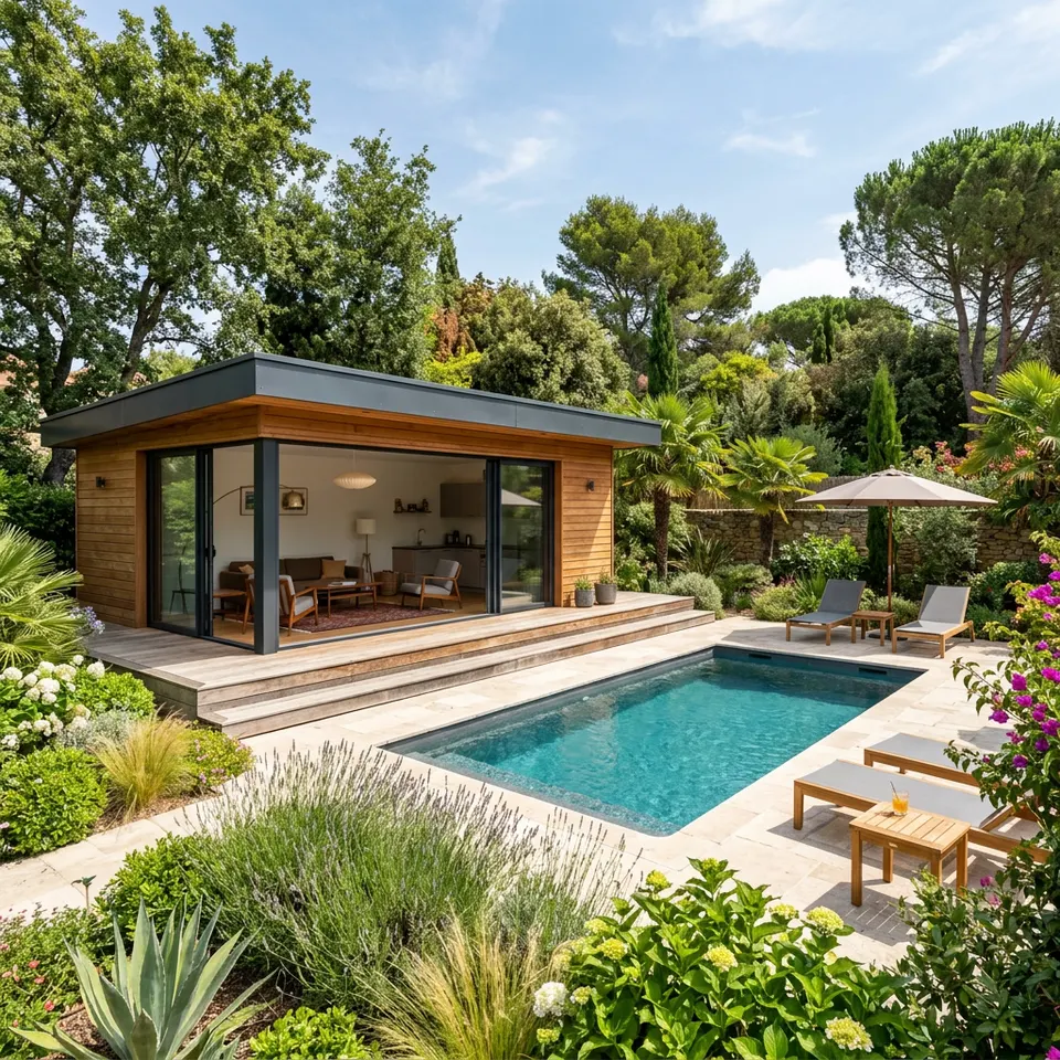 Modernes Poolhaus mit Flachdach und Holzfassade neben einem Pool im Garten – Garten- und Poolhaus-Preise 2026 Modernes Poolhaus mit Flachdach und Holzfassade neben einem Pool im Garten – Garten- und Poolhaus-Preise 2026