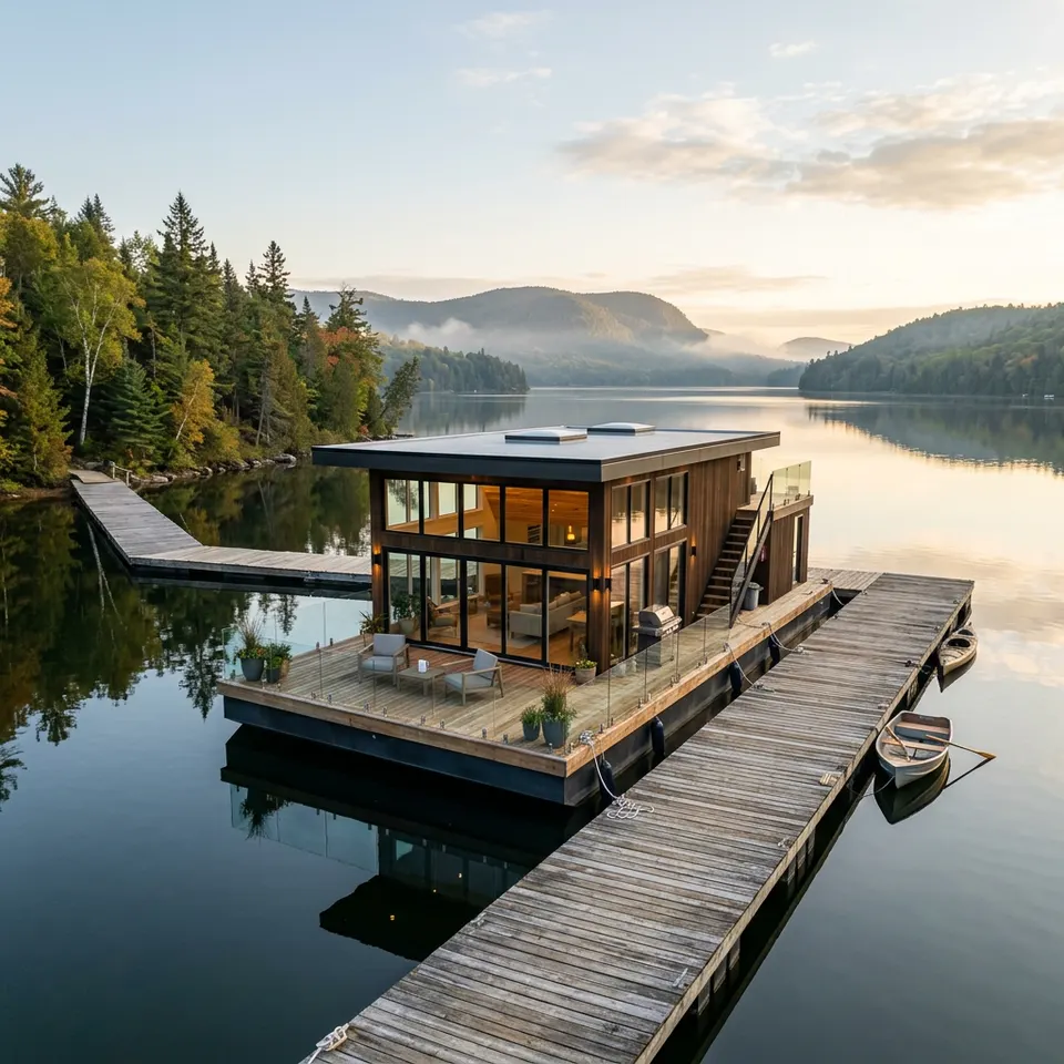 Schwimmendes Haus als Floating Home mit Holzfassade und Steg auf ruhigem Gewässer – Schwimmendes-Haus-Preise 2026 Schwimmendes Haus als Floating Home mit Holzfassade und Steg auf ruhigem Gewässer – Schwimmendes-Haus-Preise 2026
