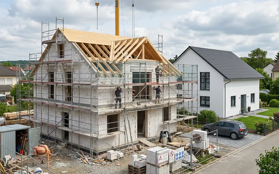 Massivhaus im Bau mit weißen Porenbetonwänden neben einem fertig verputzten Wohnhaus – massiv bauen 2026 Massivhaus im Bau mit weißen Porenbetonwänden neben einem fertig verputzten Wohnhaus – massiv bauen 2026