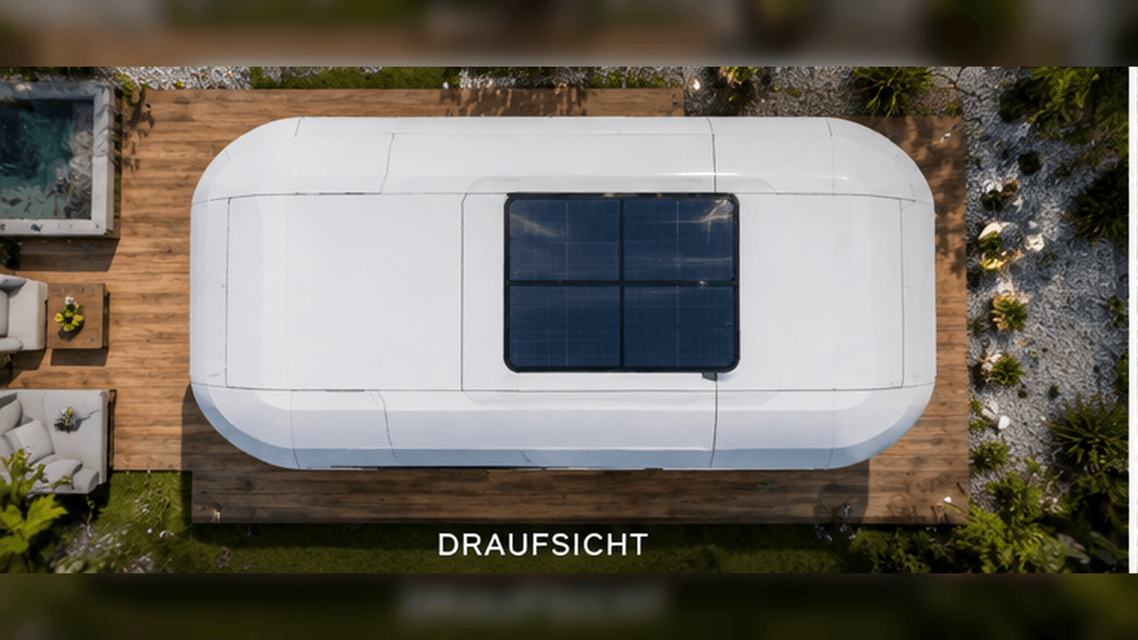 Space Capsule Tiny House Draufsicht – Solarpanel auf dem Kapseldach, daneben Holzterrasse (Visualisierung)
