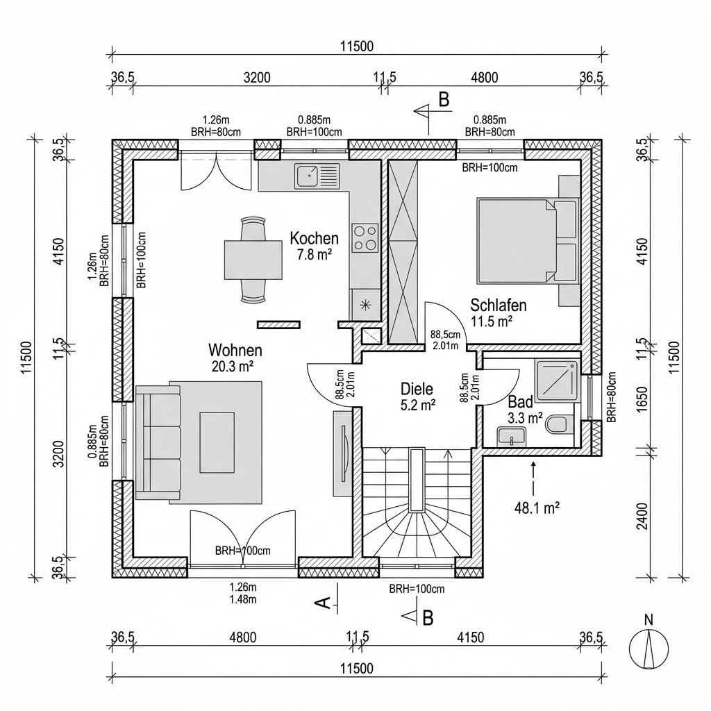 Grundriss Anbau Modul 48 von ARGE-HAUS — 48 m², 2 Zimmer