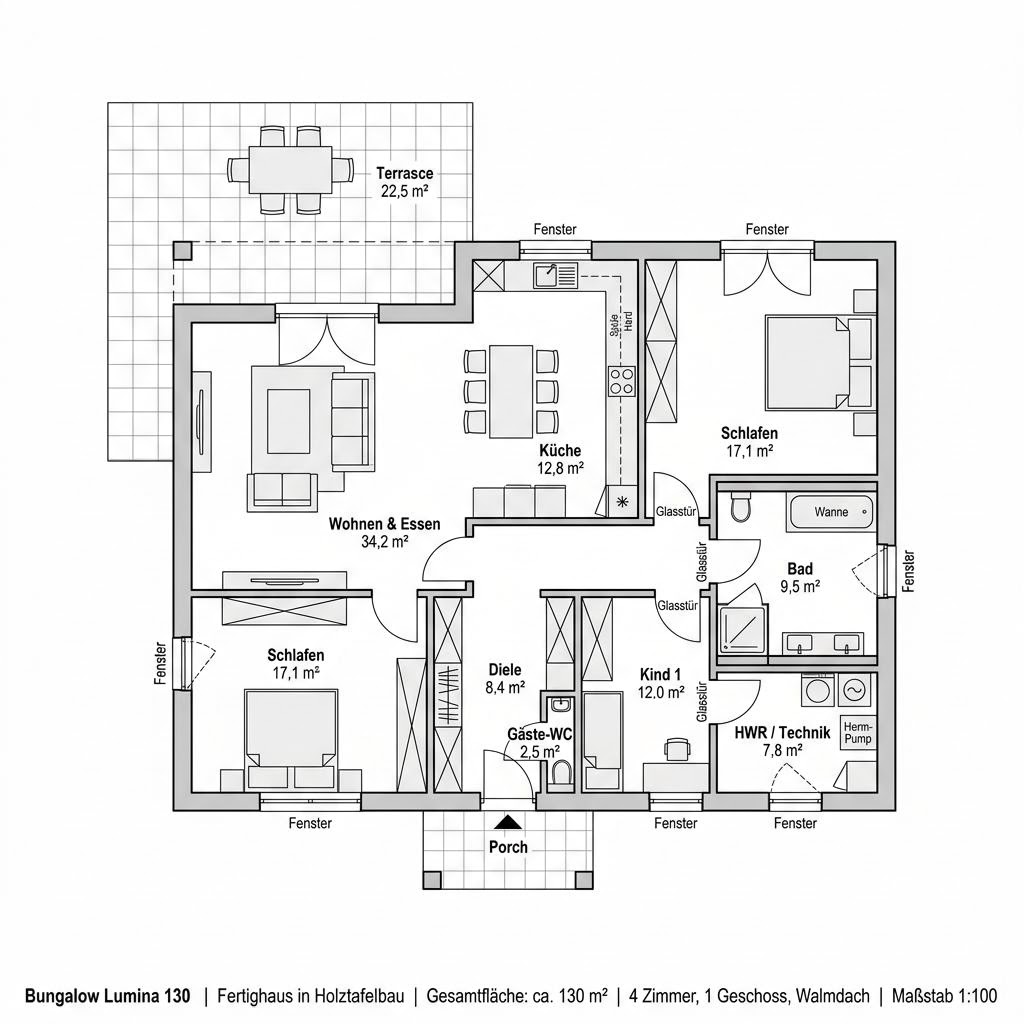 Grundriss Bungalow Lumina 130 von Bien-Zenker — 130 m², 4 Zimmer