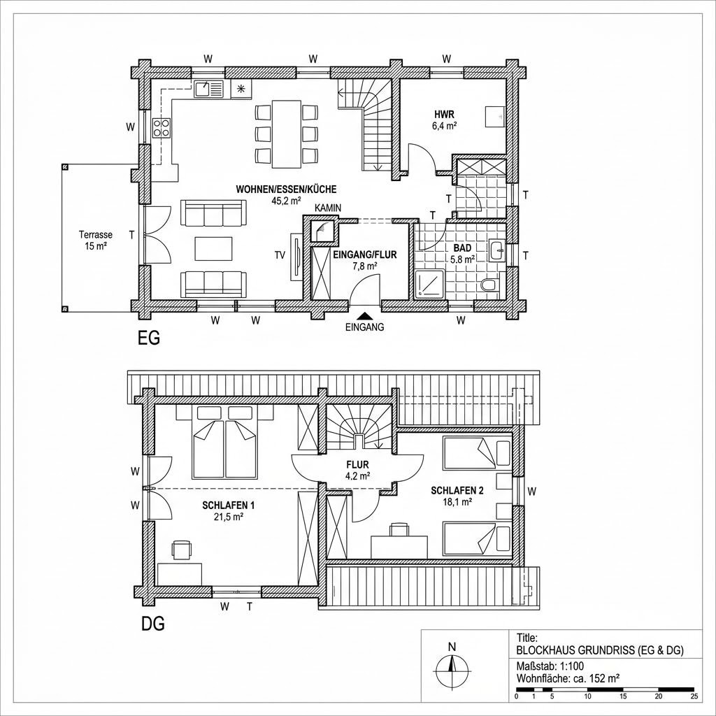Grundriss Casa Blockhaus 152 von Rubner Haus — 152 m², 5 Zimmer