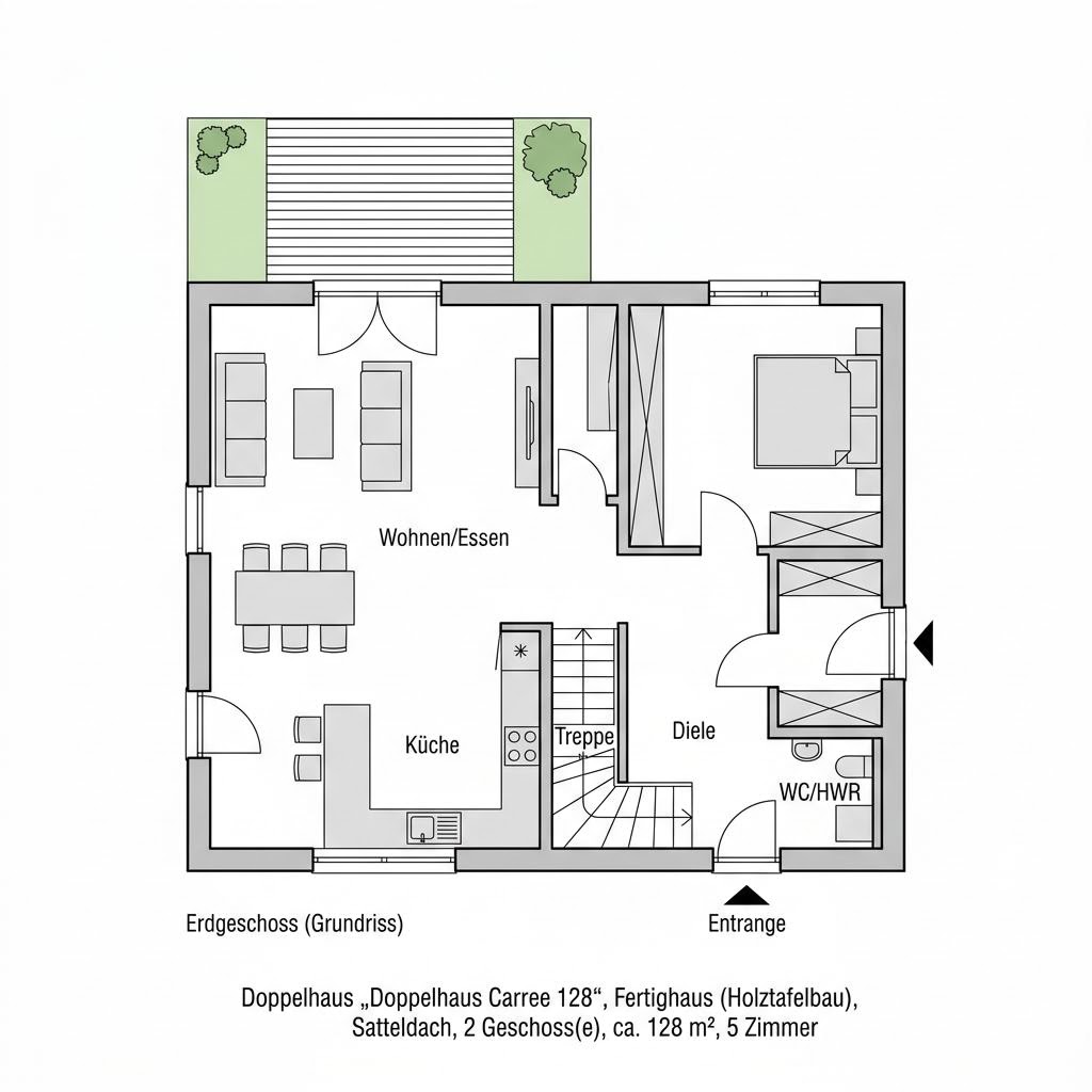 Grundriss Doppelhaus Carree 128 von Büdenbender Hausbau — 128 m², 5 Zimmer