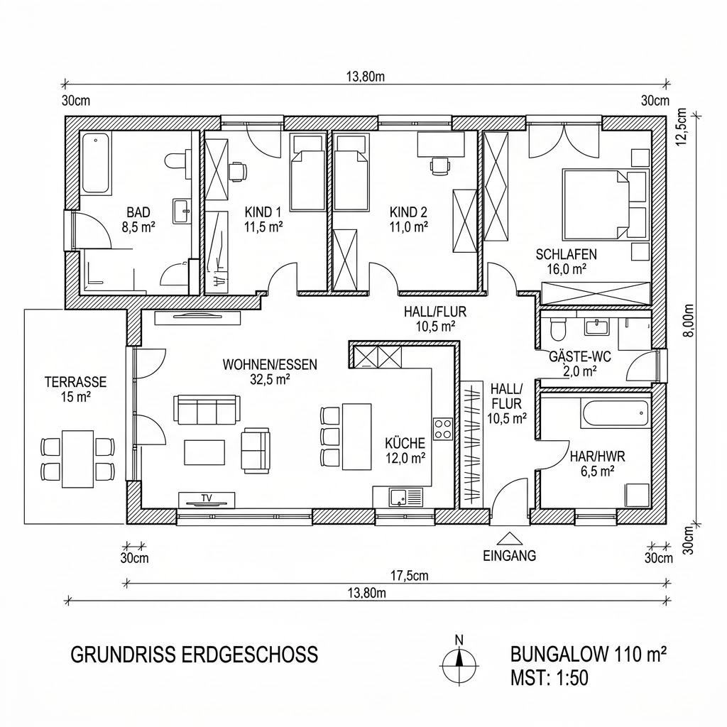 Grundriss Bungalow BL 110 Variante K von Baudirekt Architektenhäuser — 110 m², 4 Zimmer