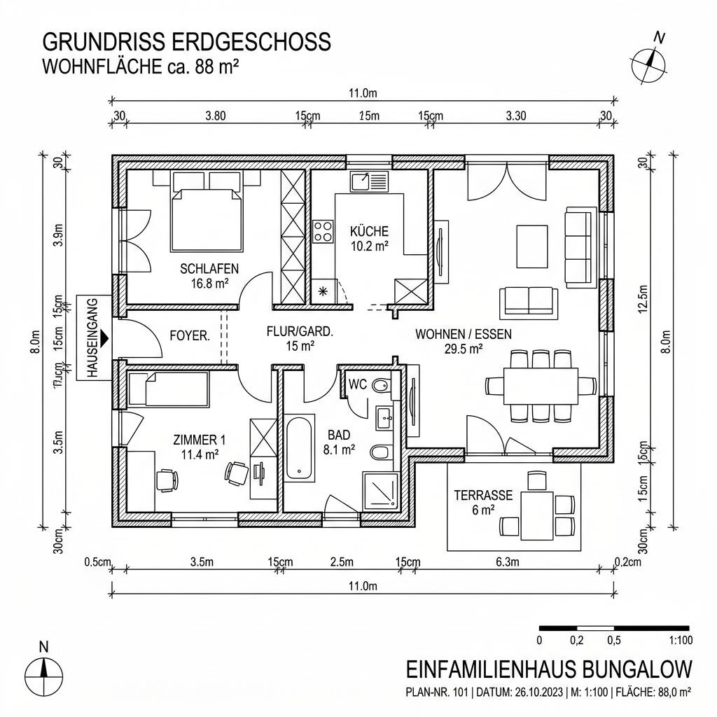 Grundriss Bungalow BL 88 Variante P von Baudirekt Architektenhäuser — 88 m², 3 Zimmer