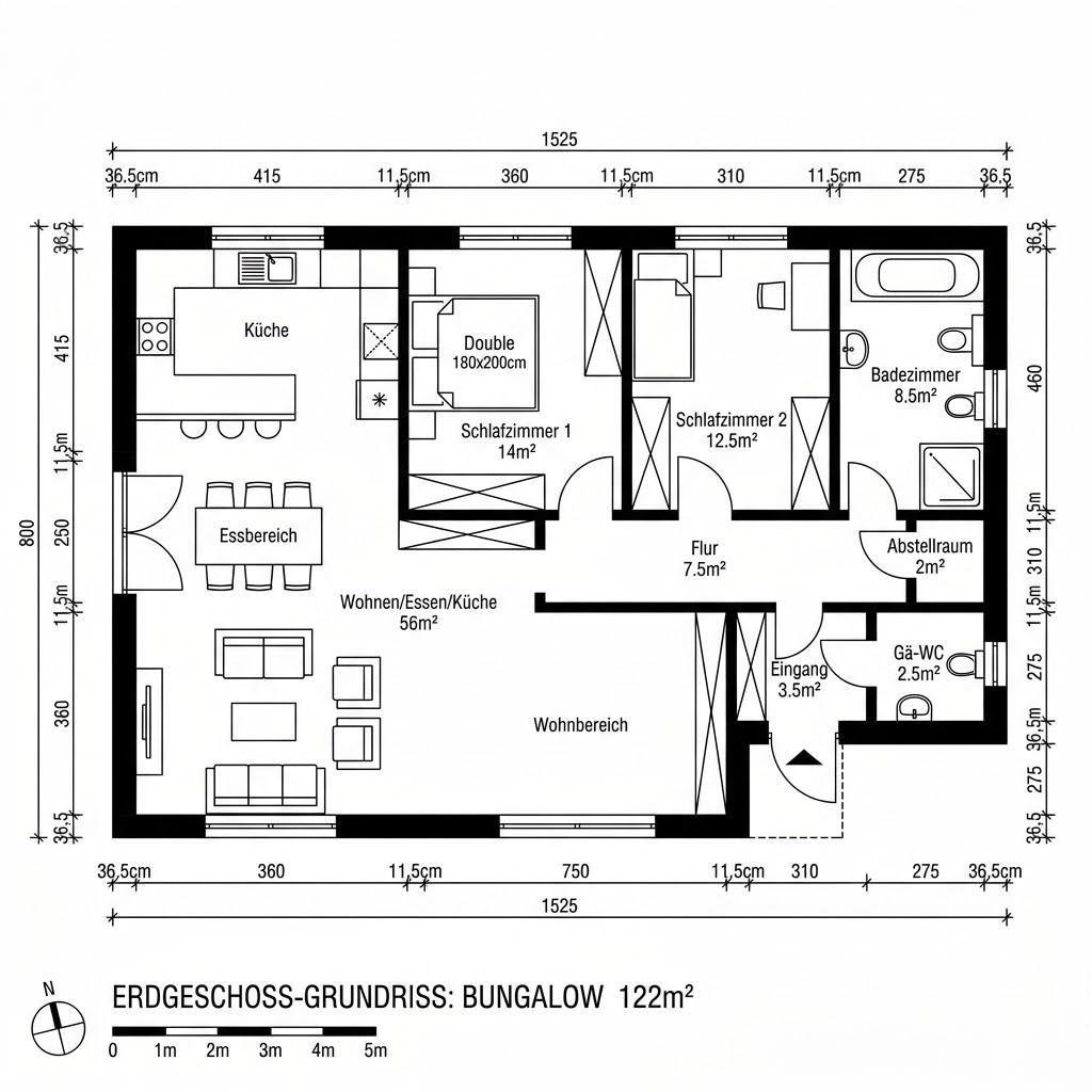Grundriss Ebbe Bungalow 122 von Dammann-Haus — 122 m², 4 Zimmer