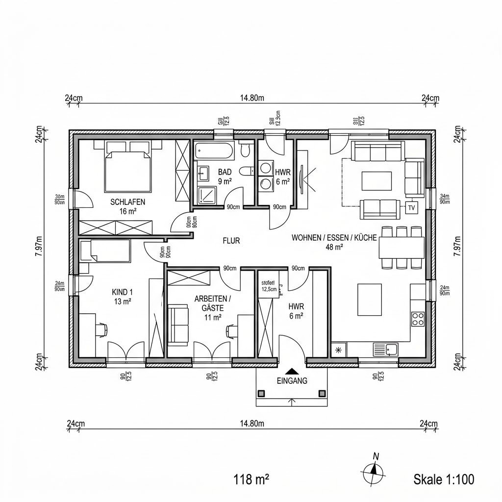 Grundriss Charakterhaus 118 Bungalow von Fertighaus WEISS — 118 m², 4 Zimmer