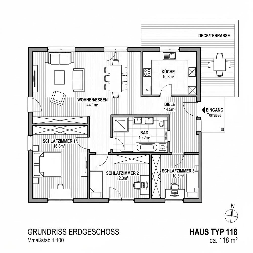 Grundriss Massiv-Bungalow Weite 118 von FIBAV Massivhaus — 118 m², 4 Zimmer