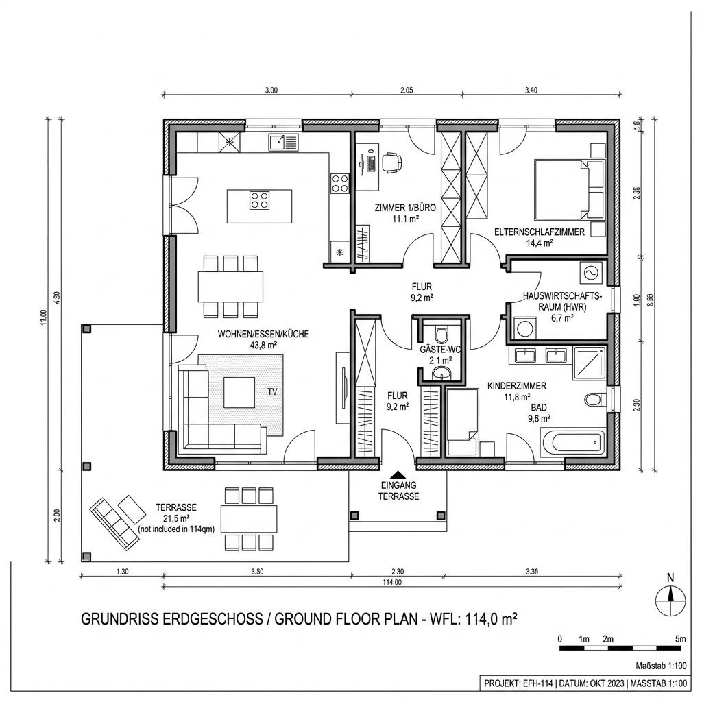 Grundriss Bungalow Buche 114 von Frammelsberger Holzhaus — 114 m², 4 Zimmer