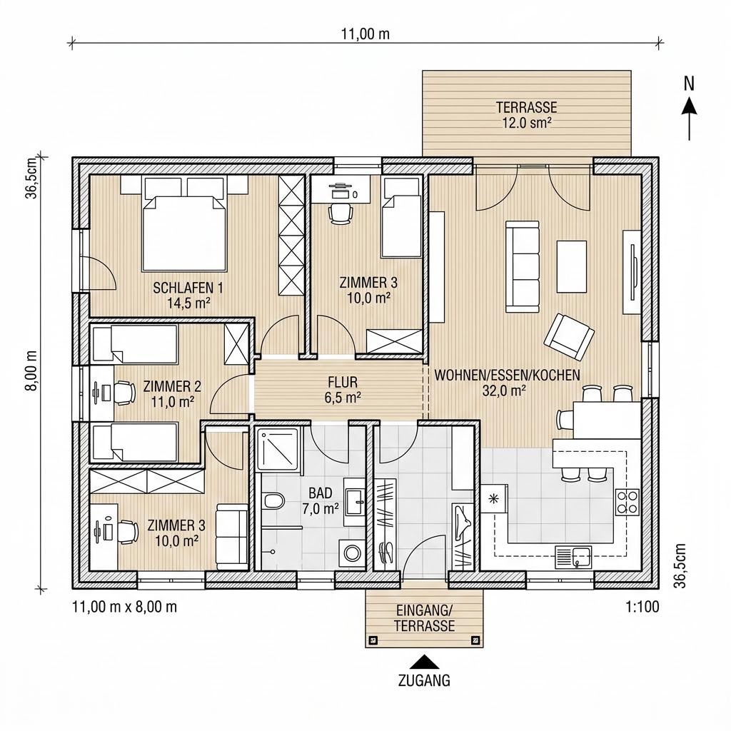 Grundriss FlexHome FH 88 von Haas Fertigbau — 88 m², 3 Zimmer