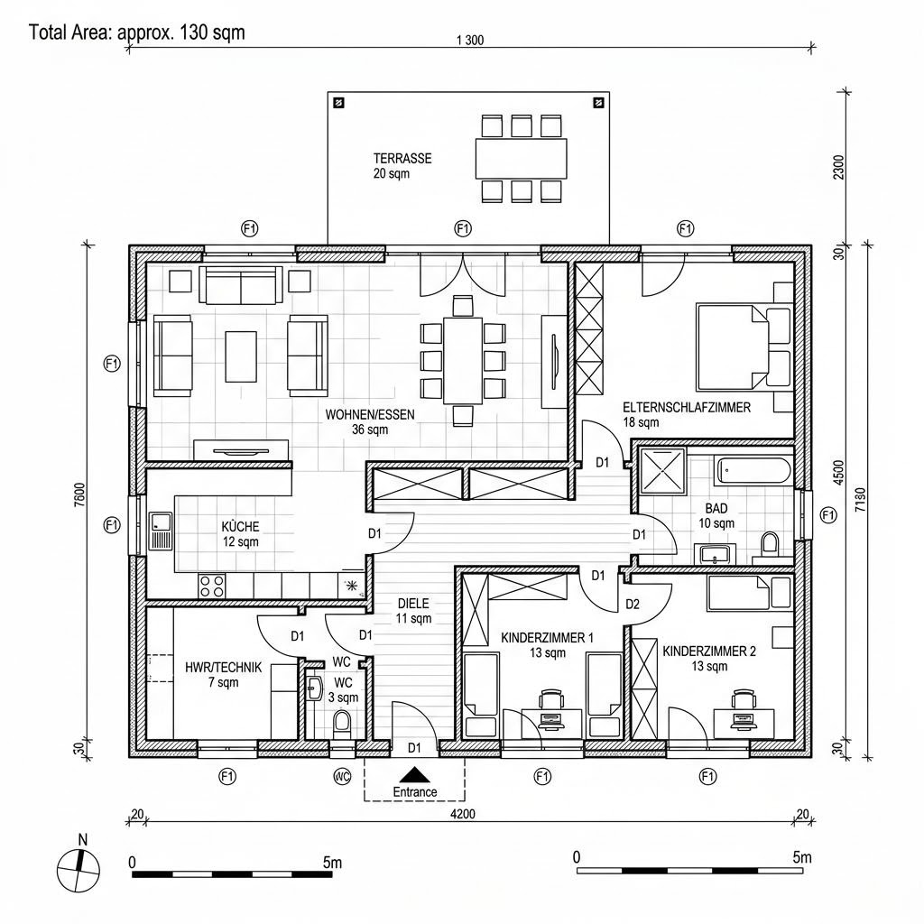 Grundriss Bungalow 130 von HELMA Eigenheimbau — 130 m², 5 Zimmer