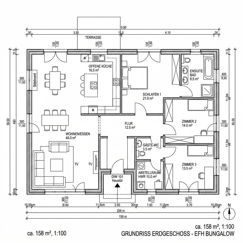 Grundriss Atrium-Bungalow 158 von HELMA Eigenheimbau — 158 m², 4 Zimmer