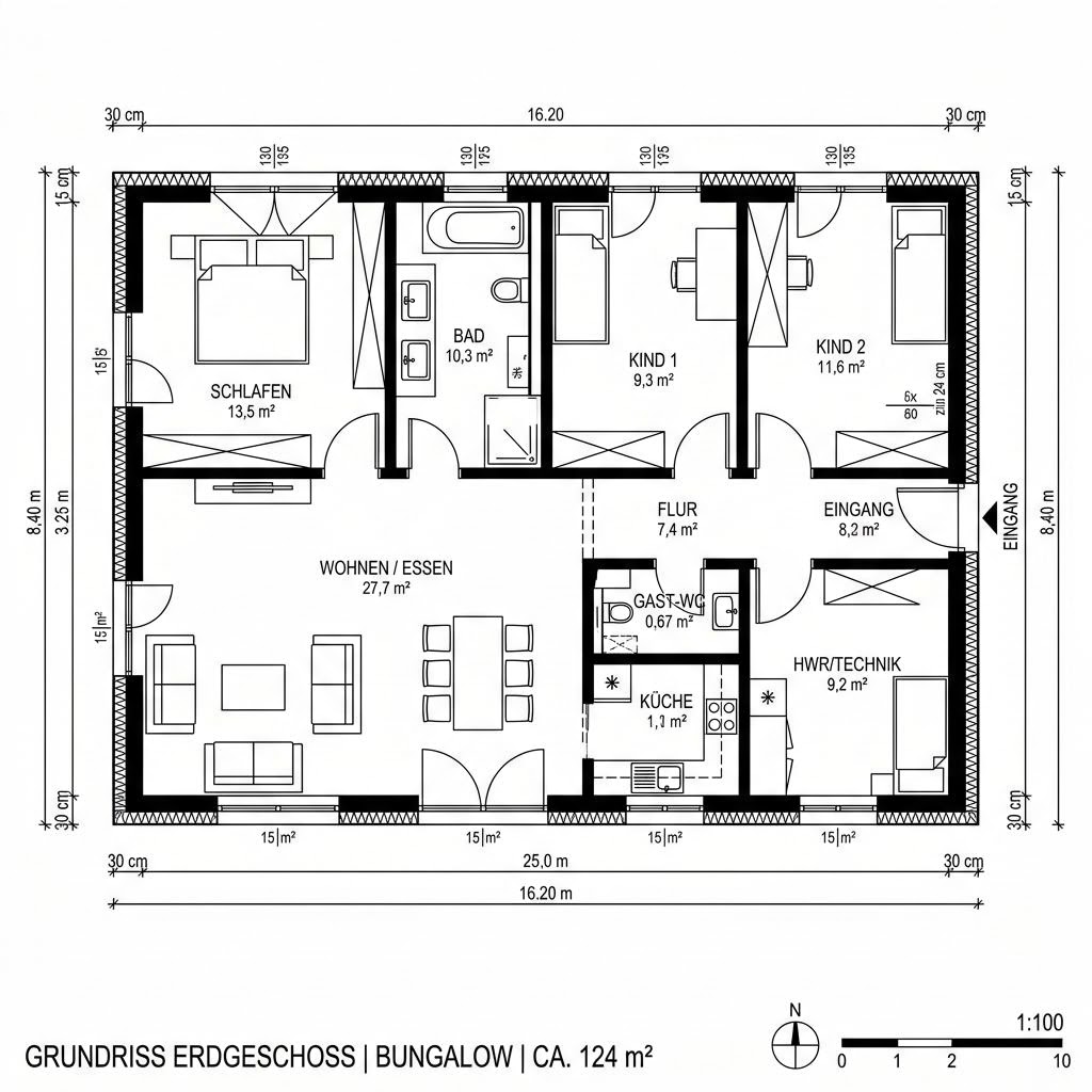 Grundriss Bungalow Gartenzeile 124 von HELMA Eigenheimbau — 124 m², 4 Zimmer