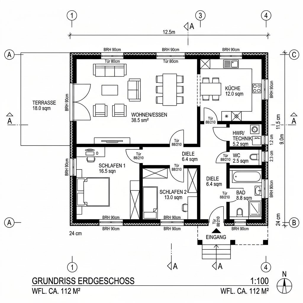 Grundriss Bungalow 112 von P & P Massivhaus — 112 m², 4 Zimmer