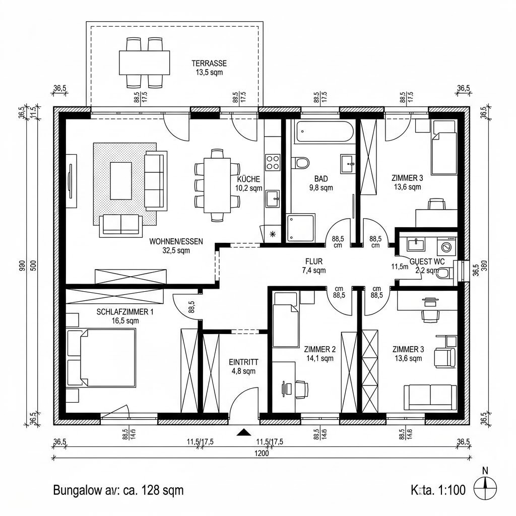 Grundriss Ziegel-Winkelbungalow 128 von Rötzer Ziegel-Element-Haus — 128 m², 4 Zimmer