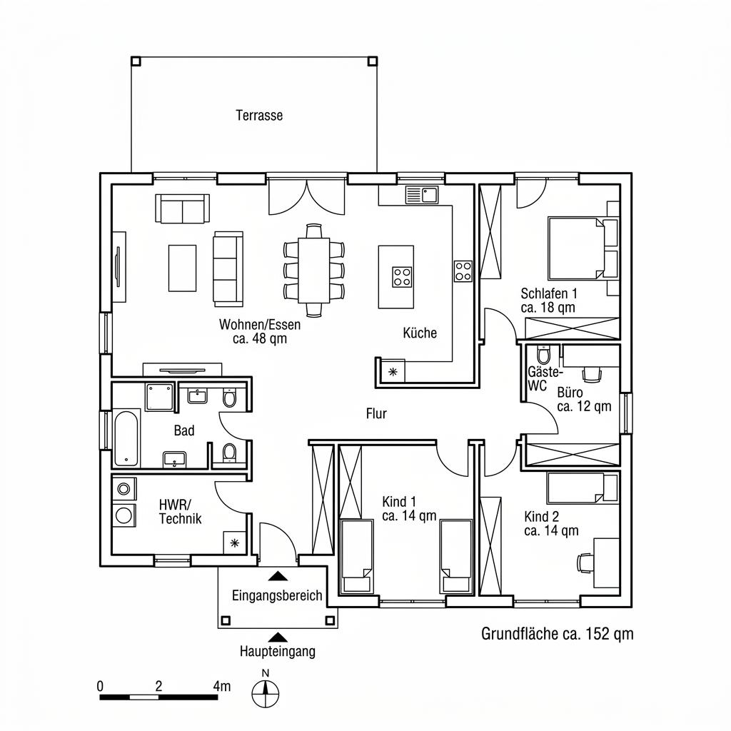 Grundriss Ziegel-Winkelbungalow 152 von Rötzer Ziegel-Element-Haus — 152 m², 5 Zimmer