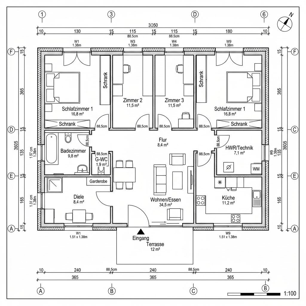 Grundriss Bungalow Charlottenburg 116 von Roth-Massivhaus — 116 m², 4 Zimmer