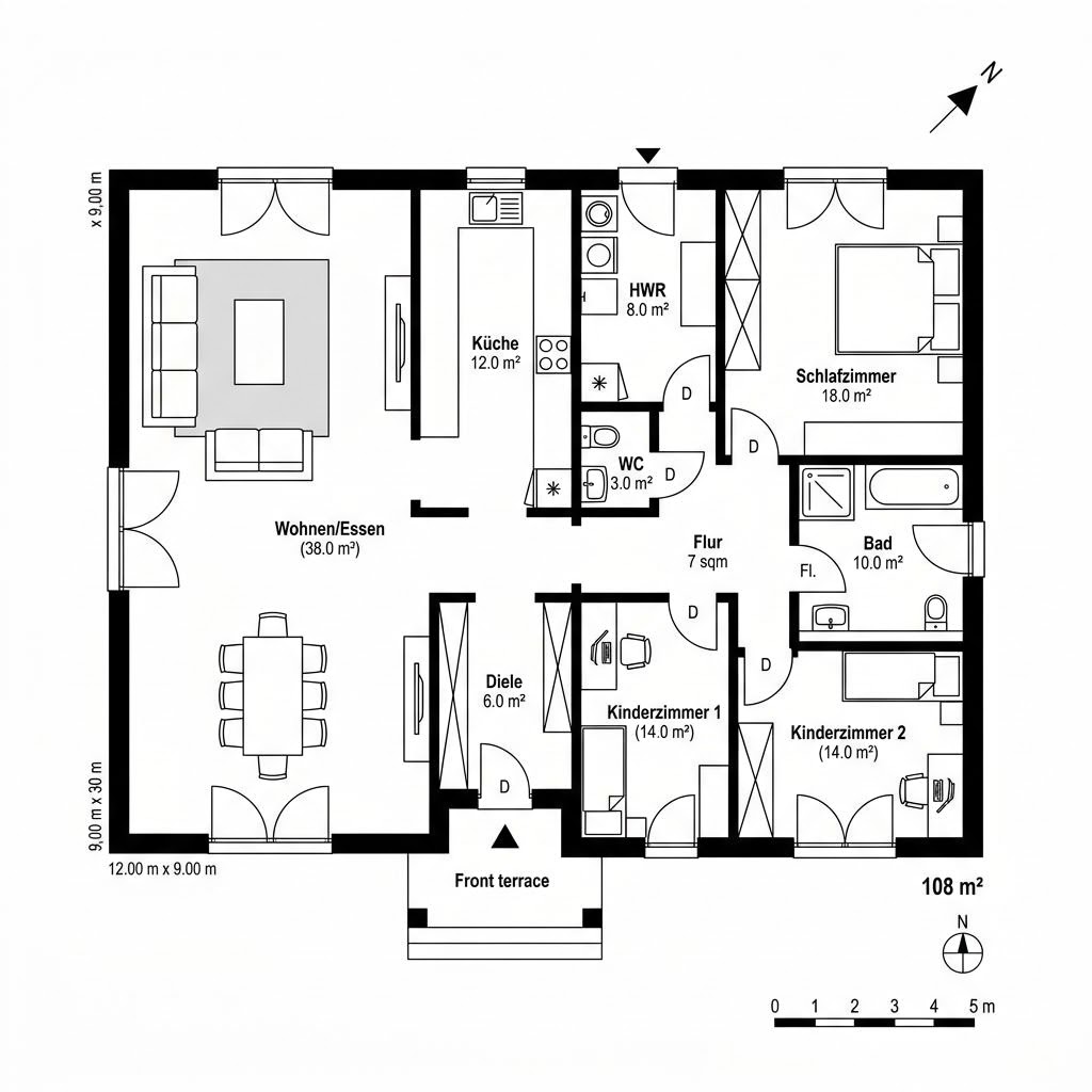 Grundriss Bungalow Mailand 108 von Roth-Massivhaus — 108 m², 4 Zimmer