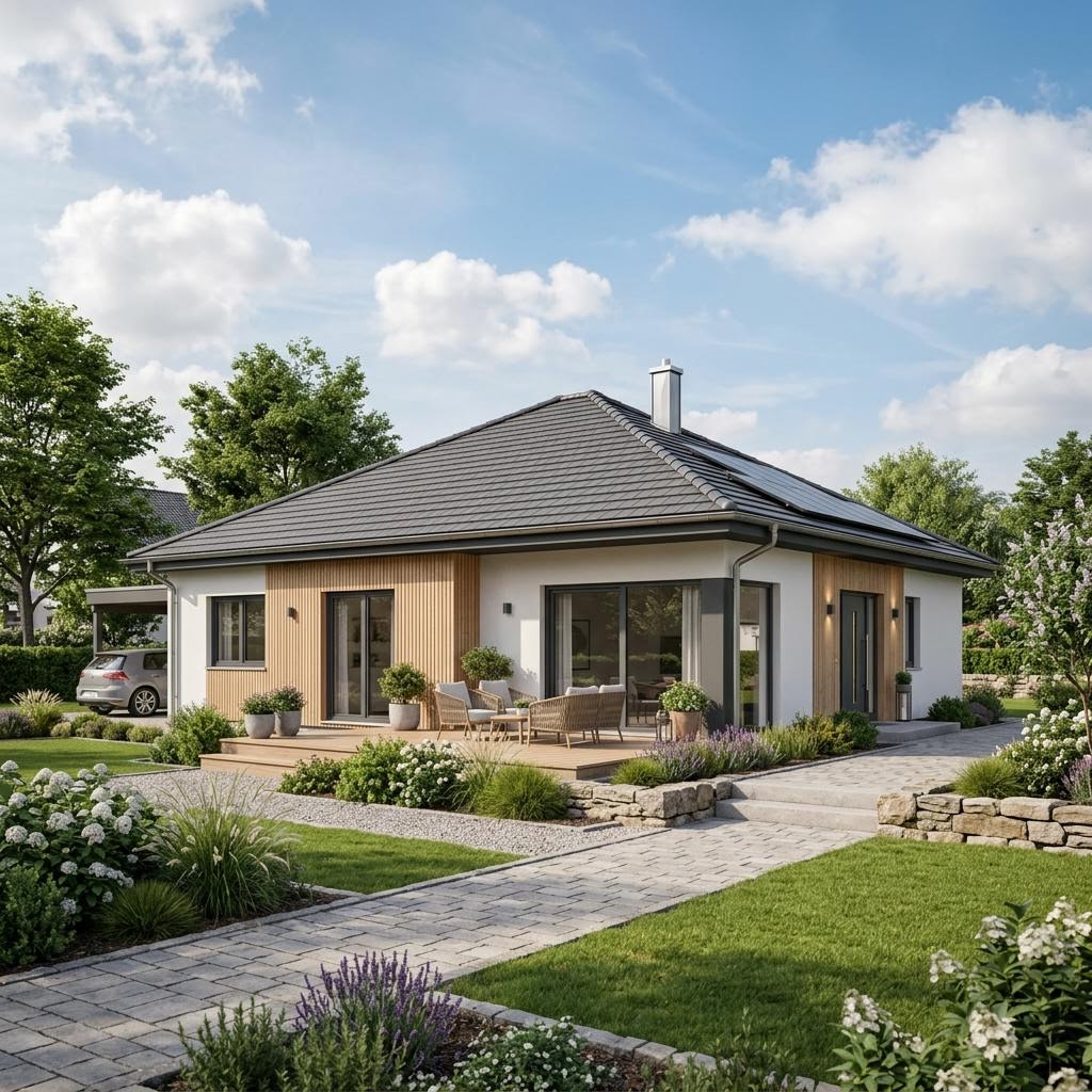 Bungalow Donau von Sonnleitner Holzbauwerke — ebenerdiges Holzhaus mit Walmdach