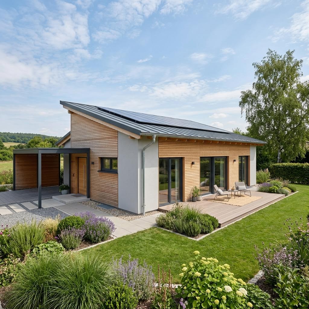 Bungalow Rott von Sonnleitner Holzbauwerke — ebenerdiges Holzhaus mit Pultdach