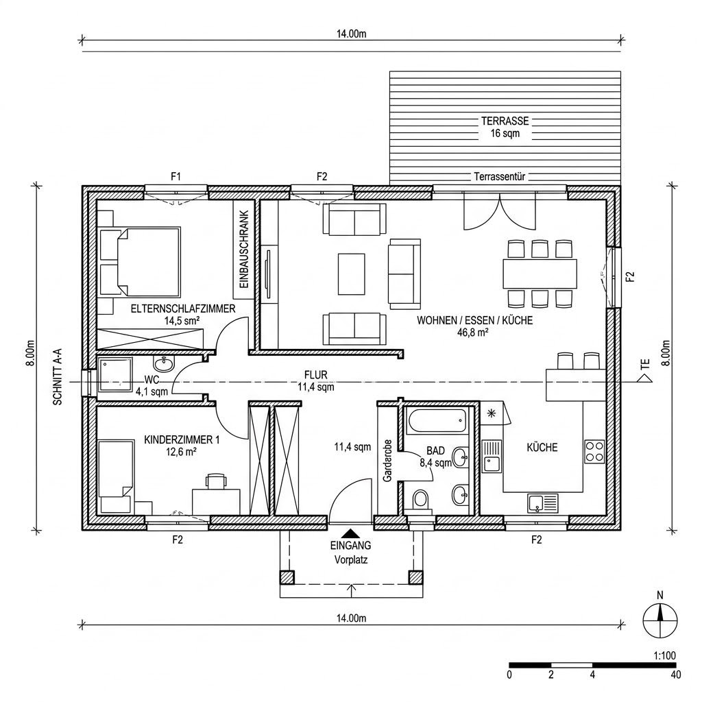 Grundriss Bungalow 112 von TALBAU-Haus — 112 m², 4 Zimmer