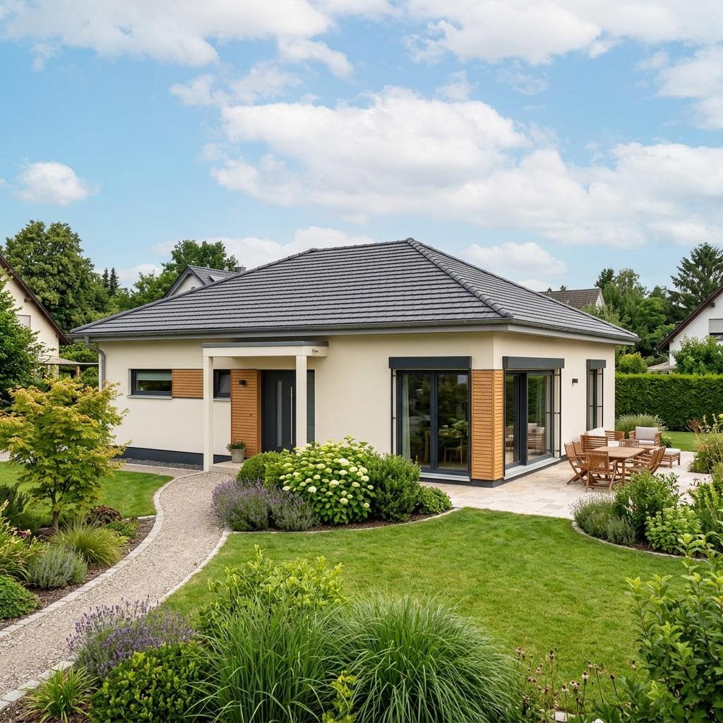 Massiv Bungalow 115 von Team Massivhaus Bungalow Massiv 115 von Team Massivhaus — ebenerdiges Massivhaus mit Walmdach