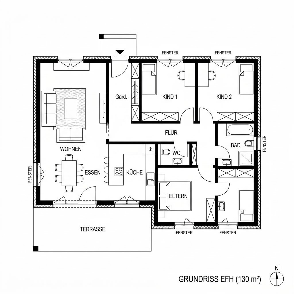 Grundriss Winkelbungalow 130 von Town & Country Haus — 130 m², 4 Zimmer