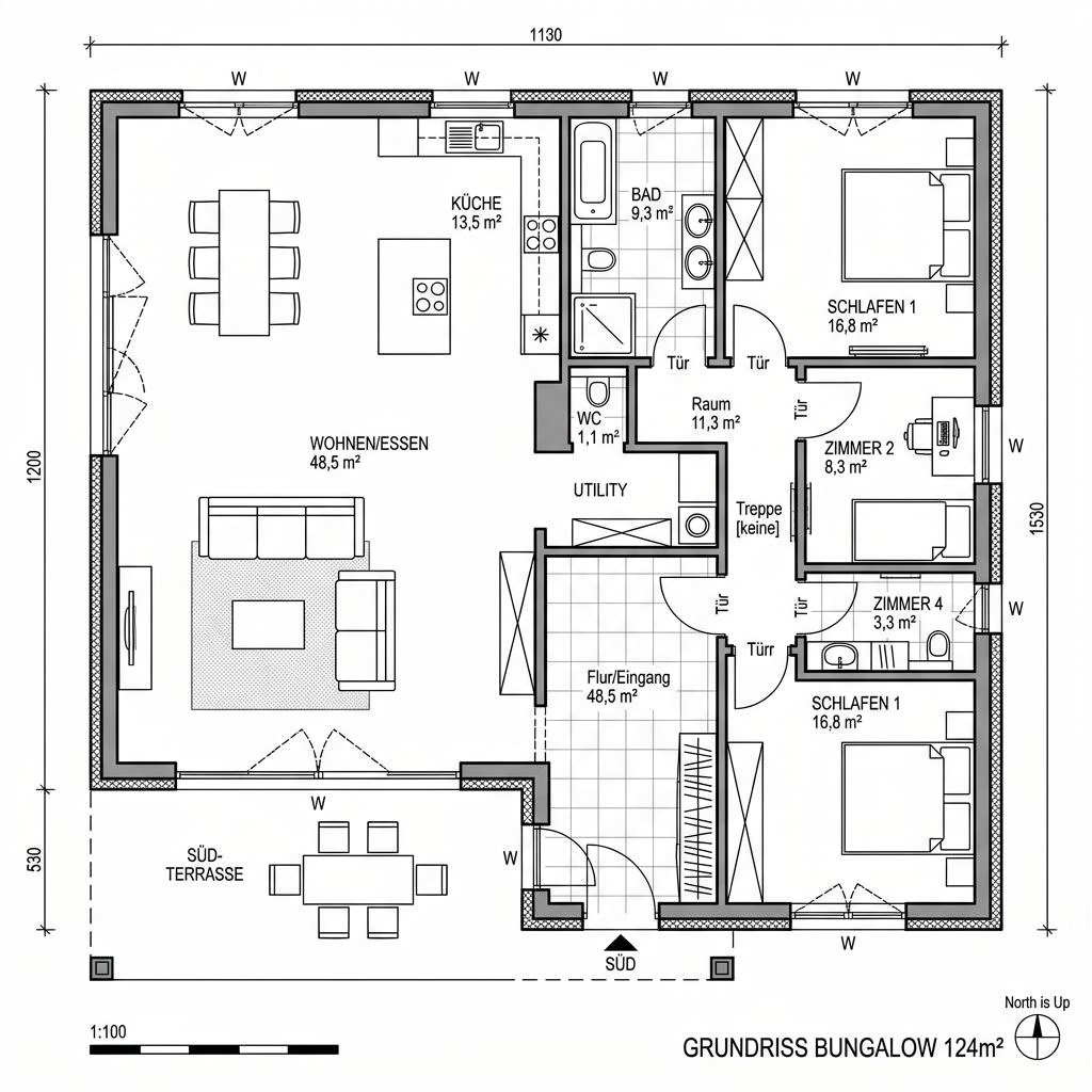 Grundriss Bunganlow 284 von WEIOTT-Massiv-Haus — 124 m², 4 Zimmer