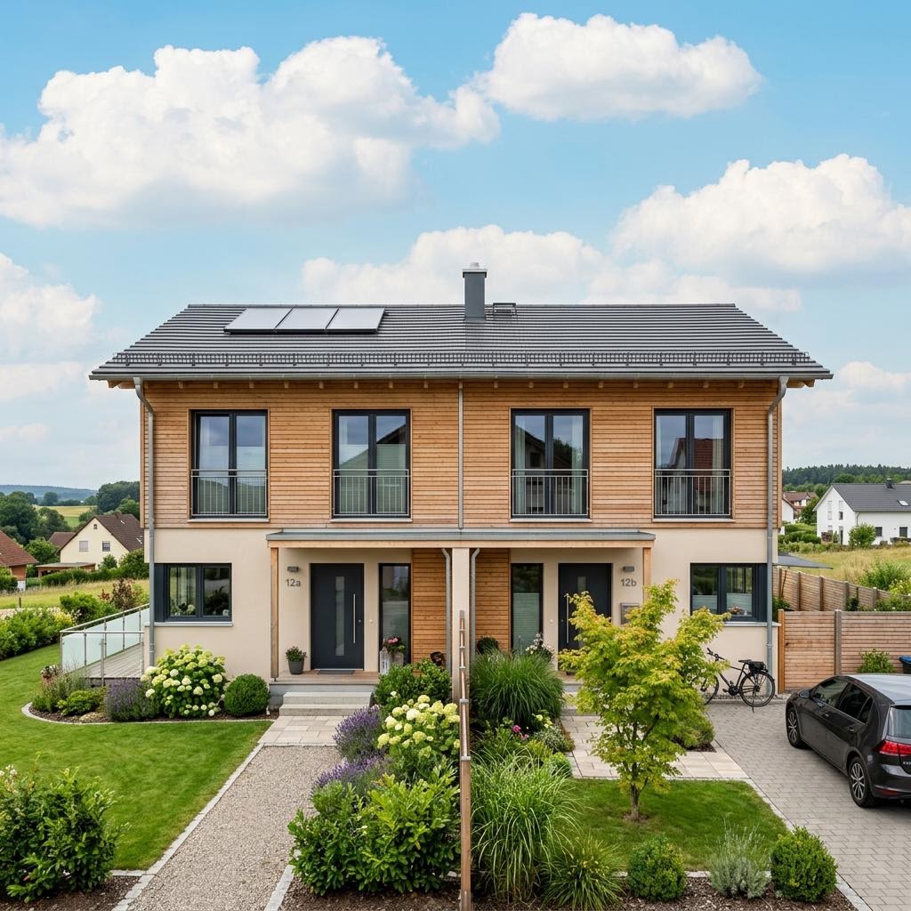 Doppelhaus Trend 168 von Bärenhaus — Holzfertighaus mit zwei Einheiten unter Satteldach