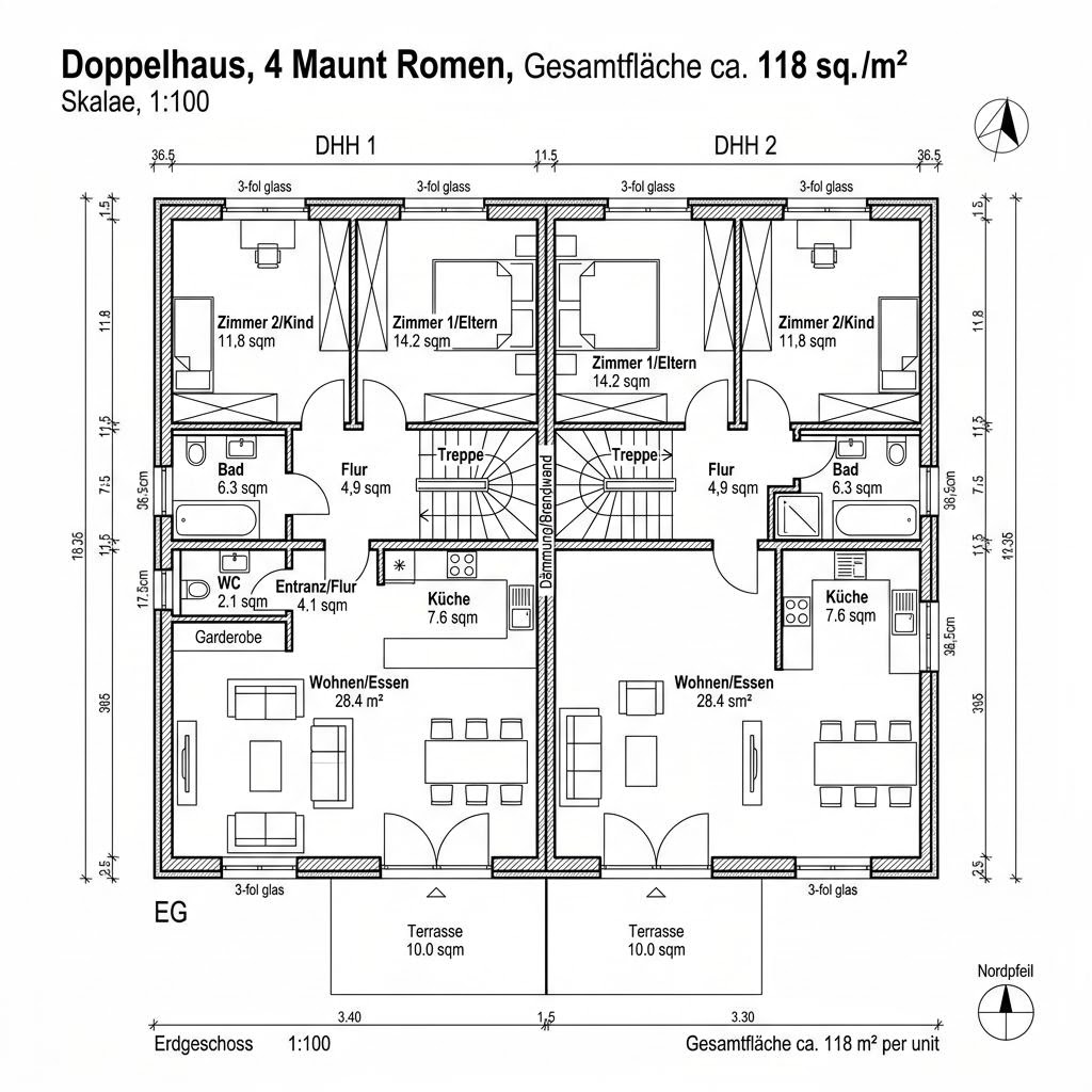 Grundriss Doppelhaus Erle 118 Grundriss Doppelhaus Erle 118 von Frammelsberger Holzhaus