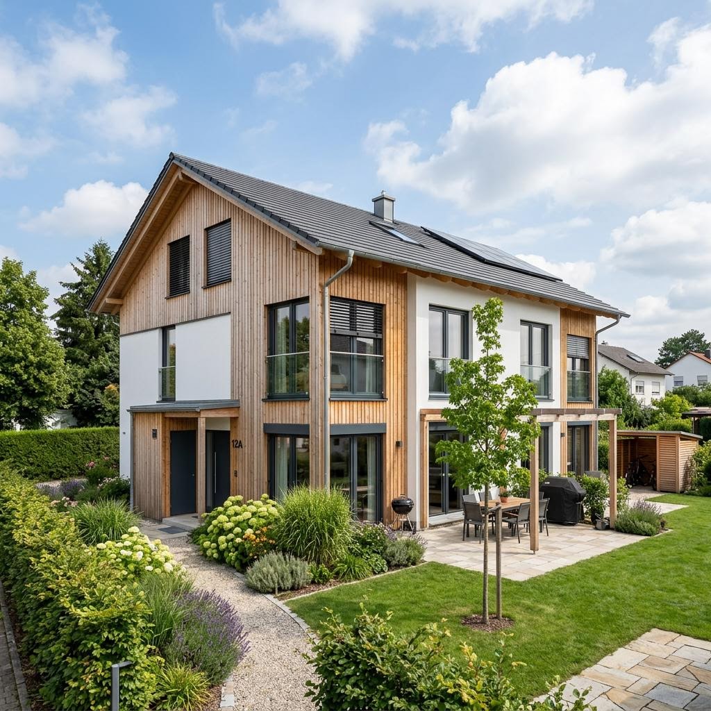 Doppelhaus Laerche 112 von Frammelsberger Holzhaus — Holzfertighaushälfte mit Satteldach und 112 m²