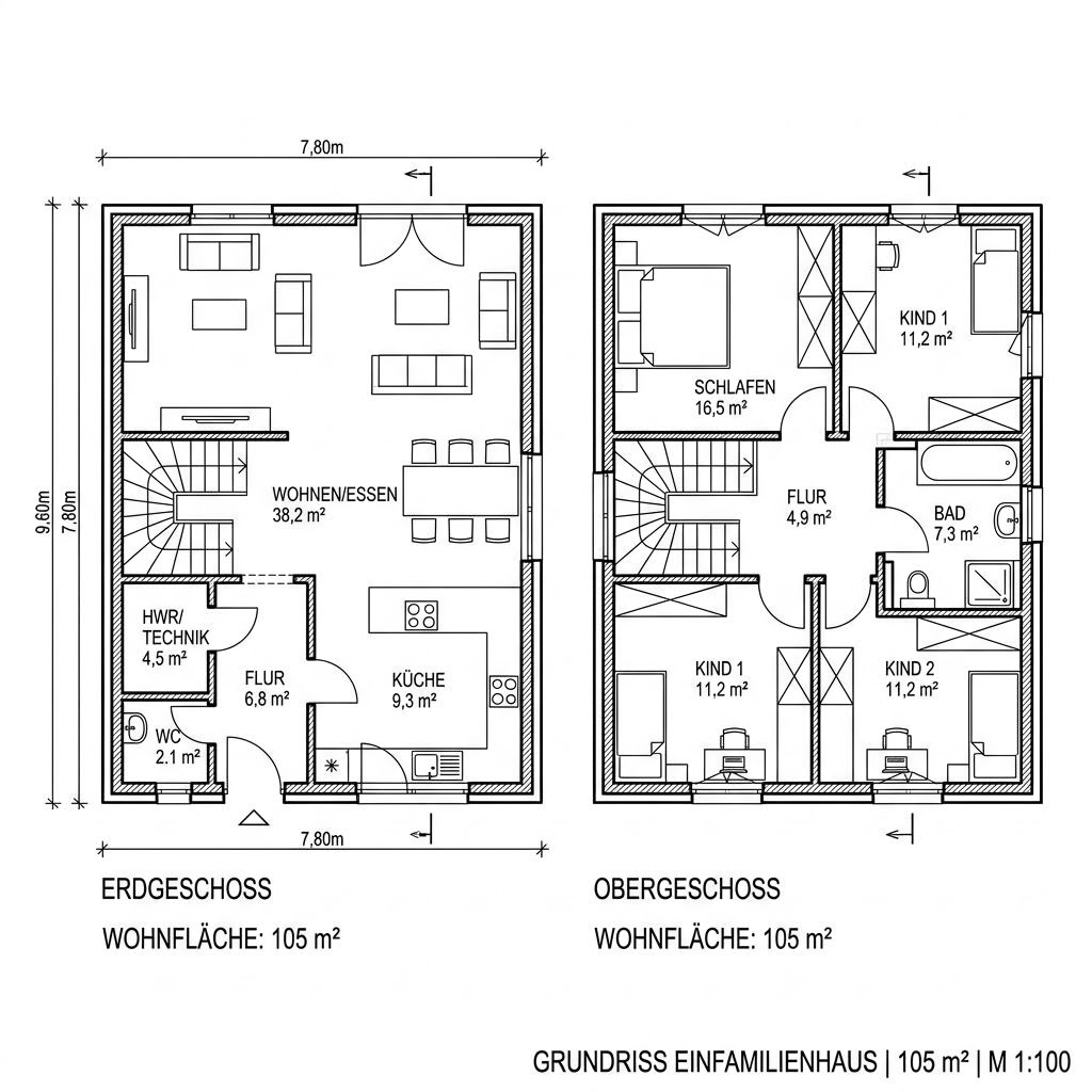 Grundriss Massiv Doppelhaus 105 von Team Massivhaus — 105 m², 4 Zimmer
