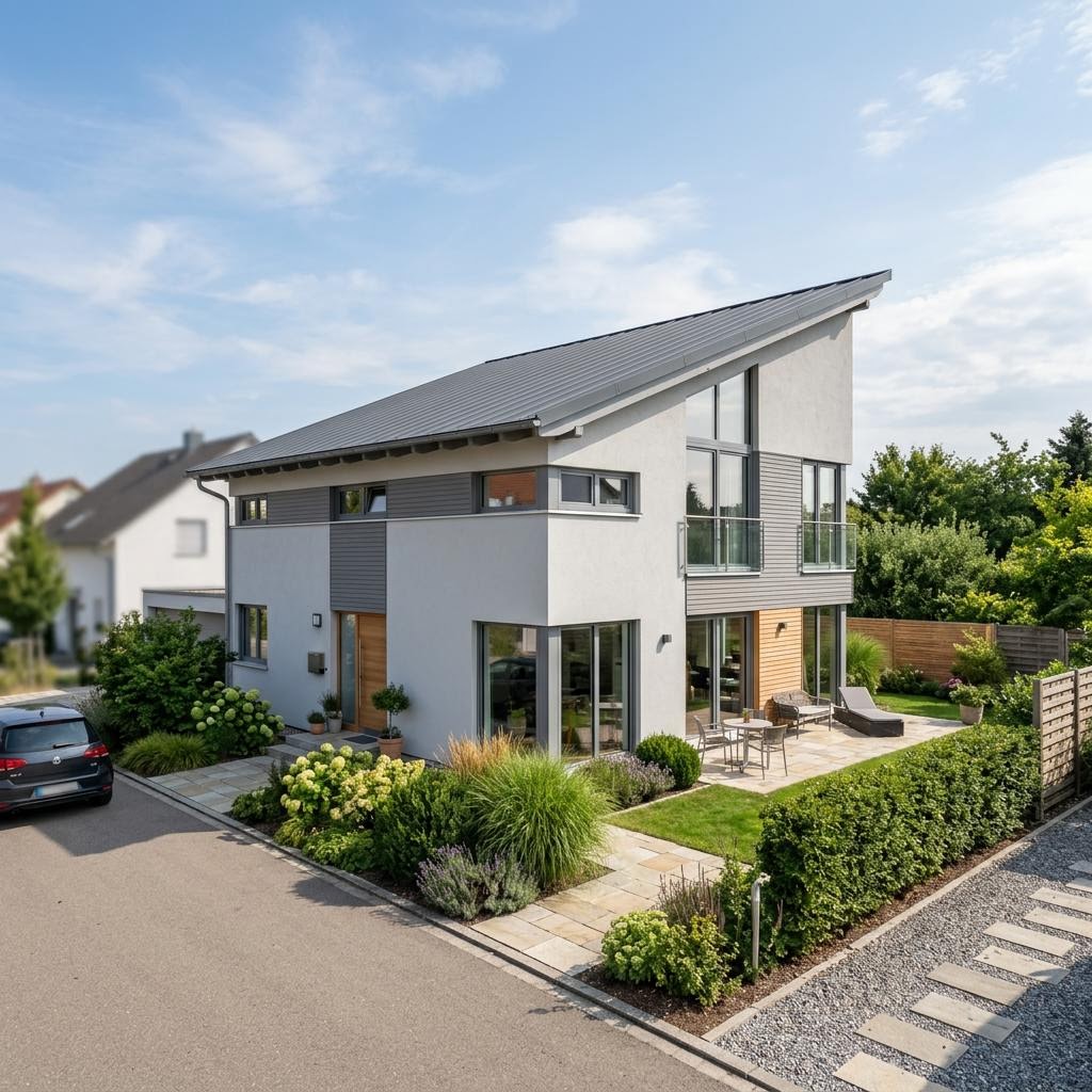 Modern Pult 155 von P & P Massivhaus Einfamilienhaus Modern Pult 155 von P & P Massivhaus — Massivhaus mit Pultdach und fünf Zimmern