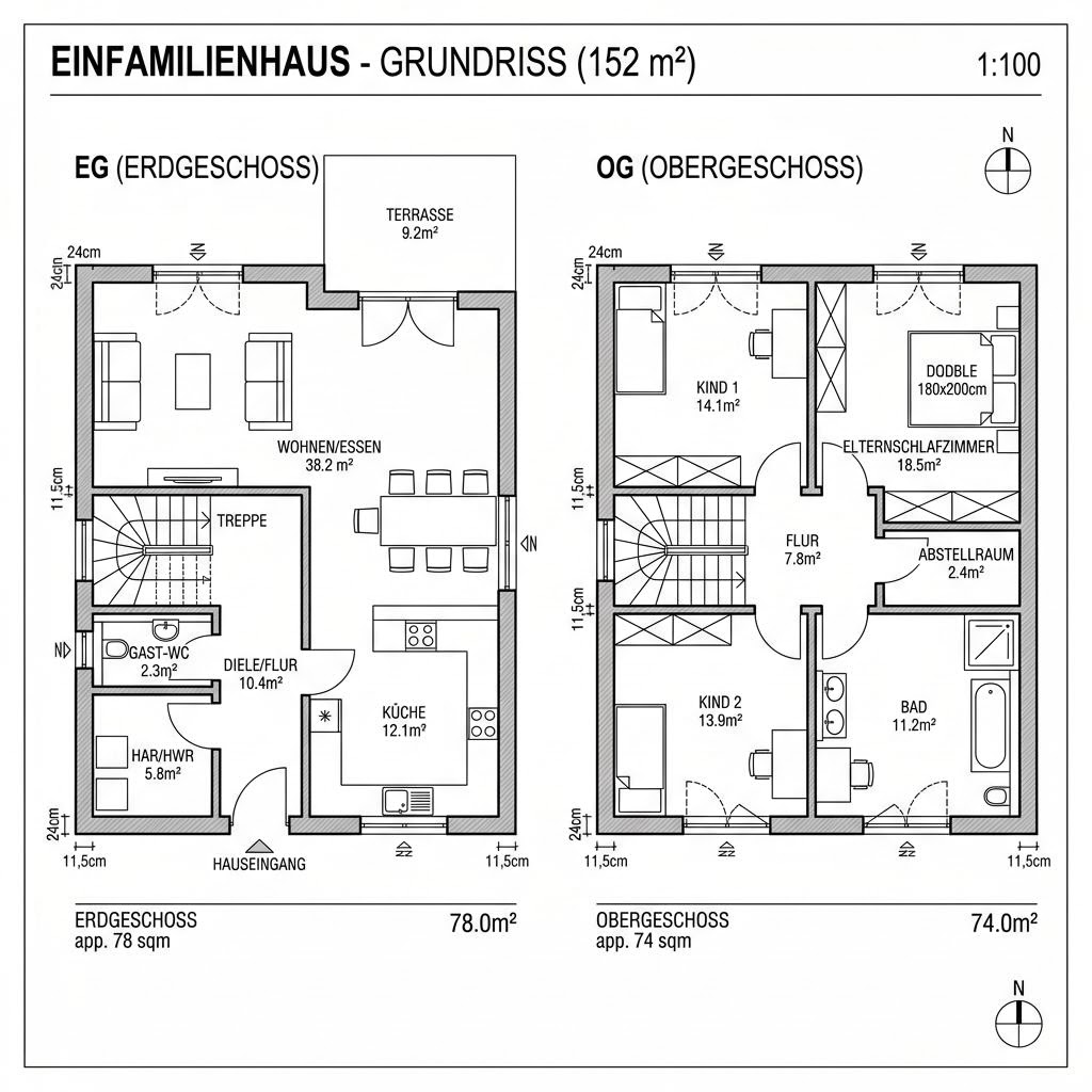 Grundriss Massiv Familie 152 von Team Massivhaus — 152 m², 5 Zimmer