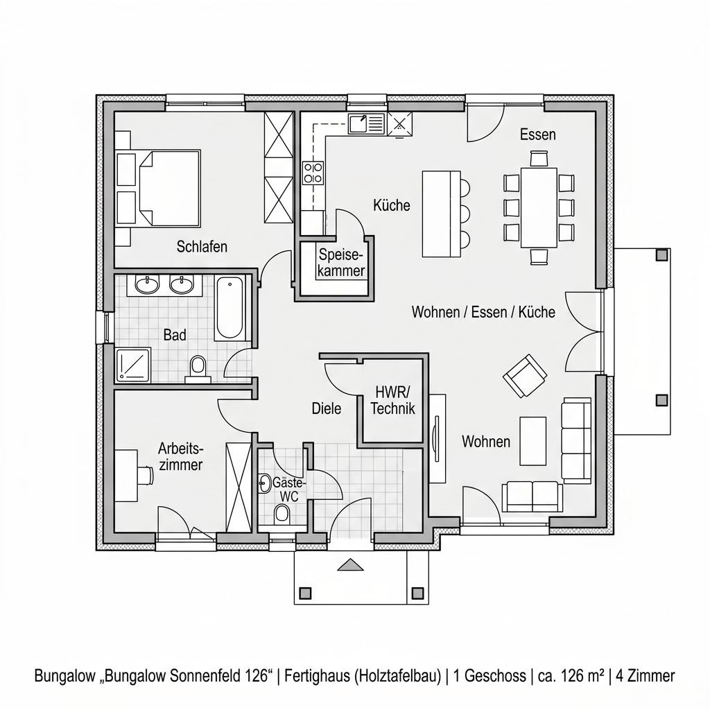 Grundriss Bungalow Sonnenfeld 126 von Fingerhut Haus — 126 m², 4 Zimmer