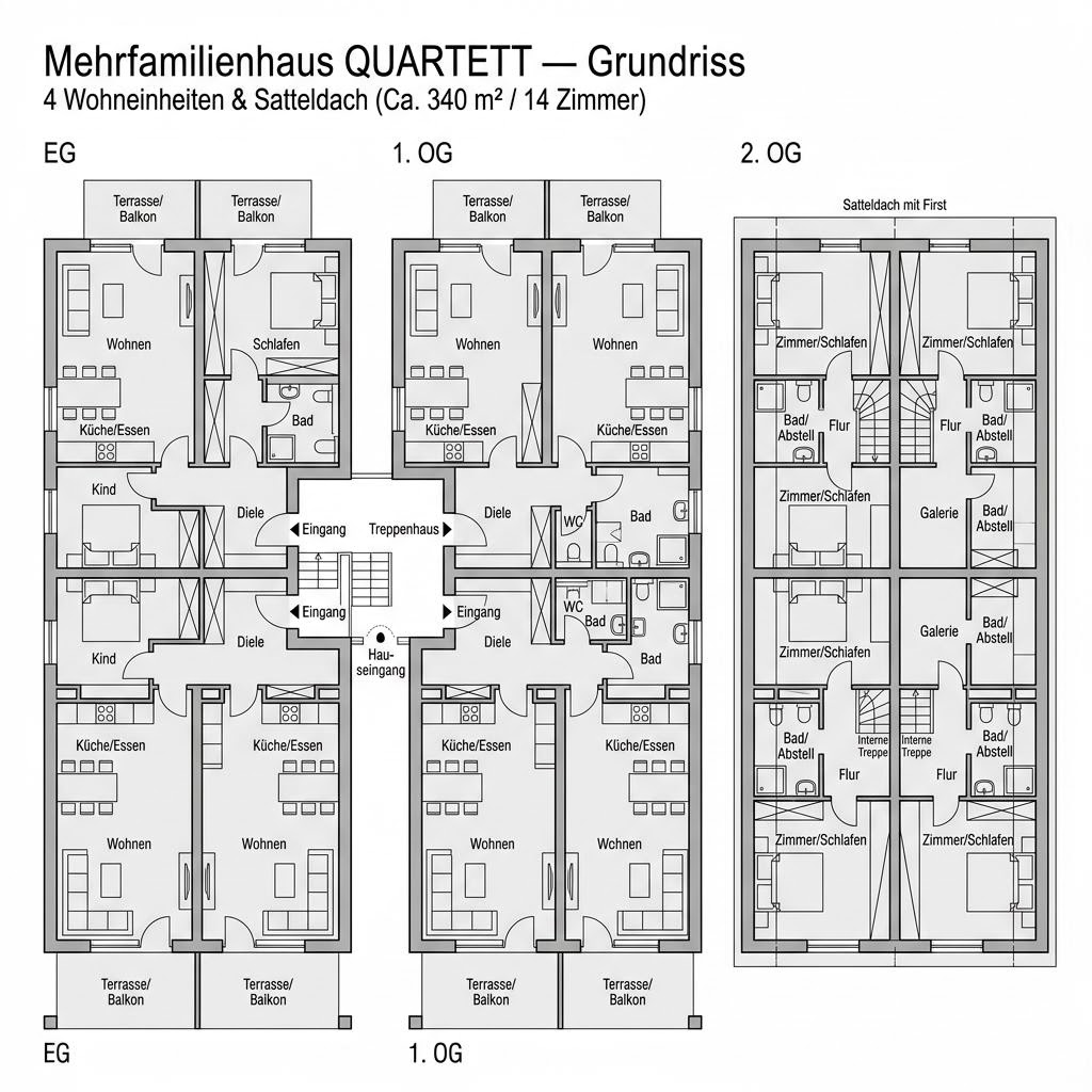 Grundriss Quartett — 4 Wohneinheiten mit Satteldach von Haas Fertigbau - Mehrfamilienhäuser — 340 m², 14 Zimmer