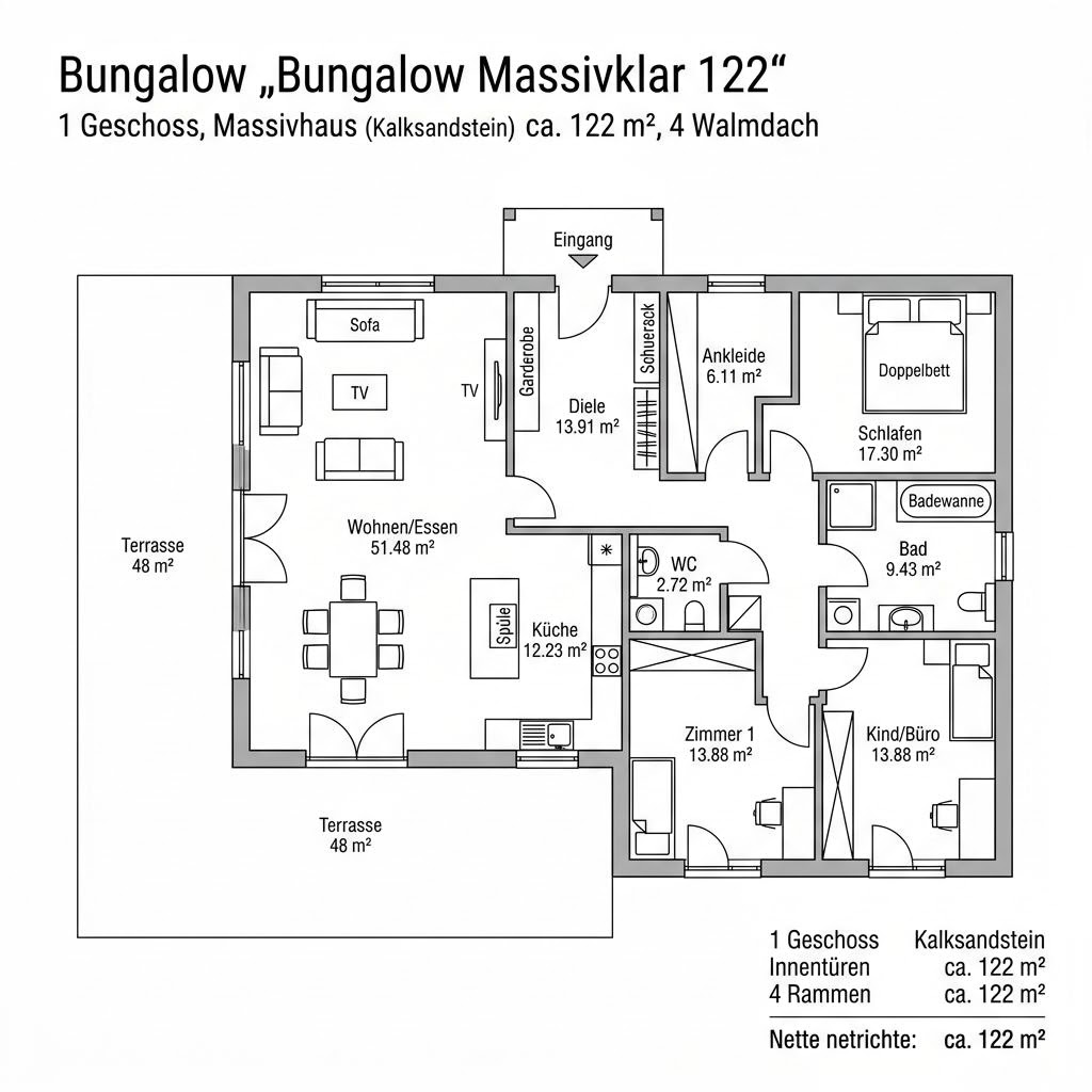 Grundriss Bungalow Massivklar 122 von HELMA Eigenheimbau — 122 m², 4 Zimmer