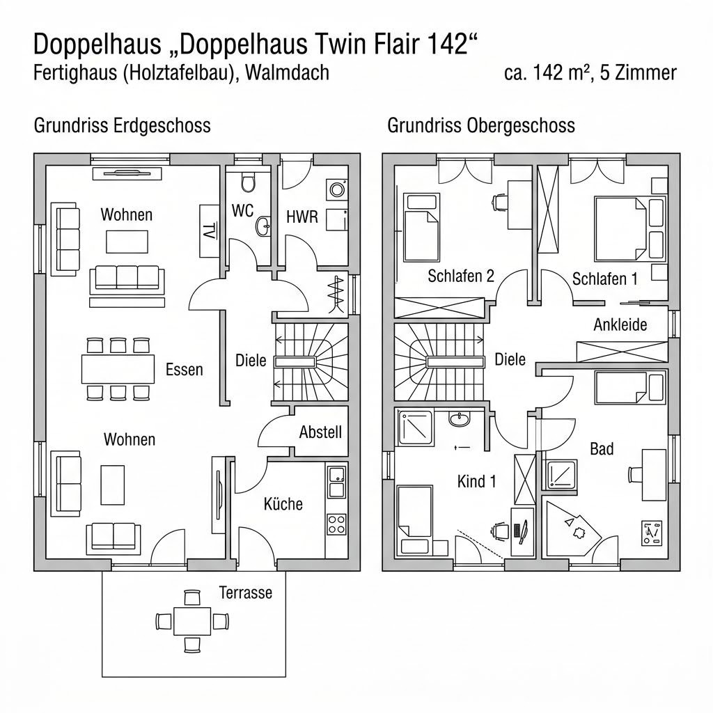 Grundriss Doppelhaus Twin Flair 142 von Keitel-Haus — 142 m², 5 Zimmer
