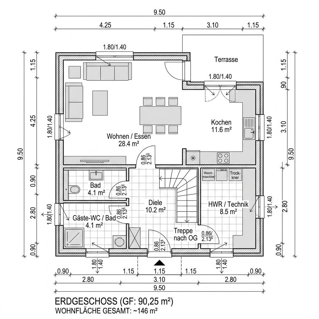 Grundriss Kubushaus Signum 146 von Kern-Haus — 146 m², 4 Zimmer