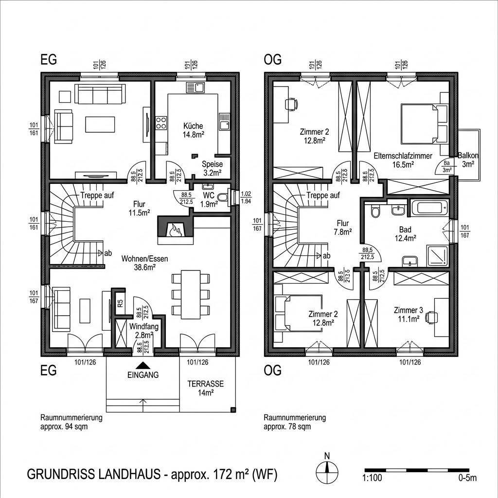 Grundriss Landhaus Familie 172 von Wagener Systemhausbau — 172 m², 6 Zimmer